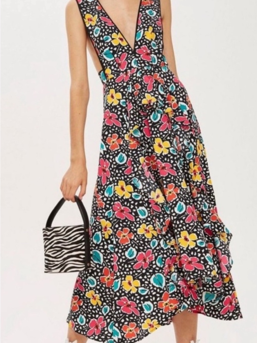 Topshop Black Floral V-Neck Midi Dress with Pink, Yellow & Teal Blooms